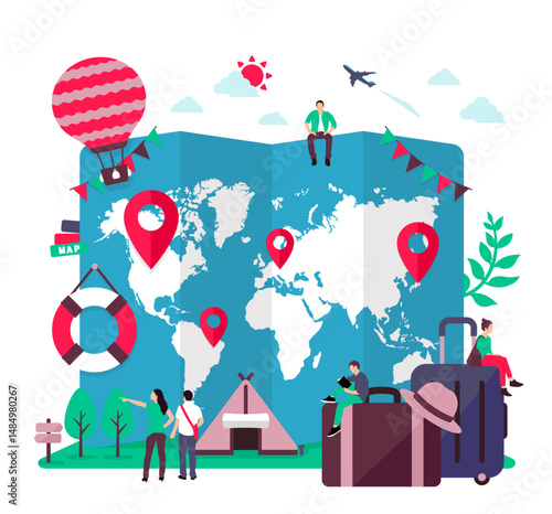 Vector illustration of a large world map and tourists