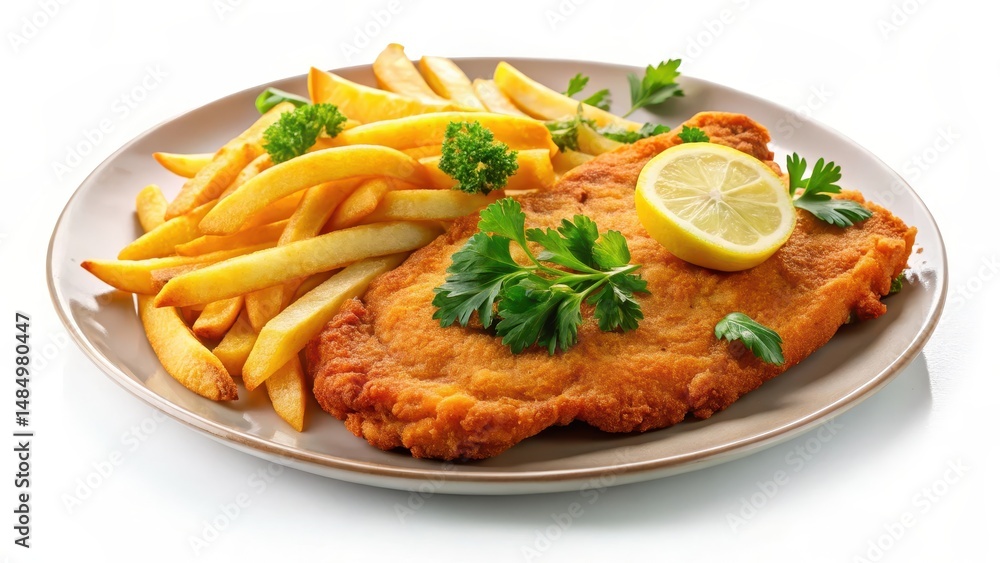 Wiener Schnitzel with lemon sliced and French fries on a plate, topped with parsley and served on a white background , french fries, german-style chicken cutlet Wiener Schnitzel with lemon sliced and French fries on a plate, topped with parsley and served on a white background , french fries, german-style chicken cutlet
