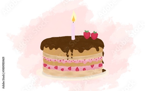 birthday layer cake with candle, strawberry and chocolate glaze