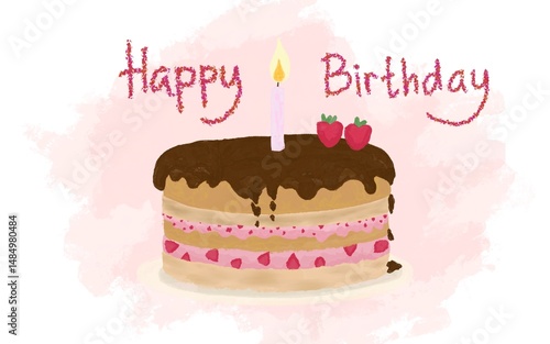 layer cake with candle, strawberry and chocolate glaz. Illustration for birthday greeting card
