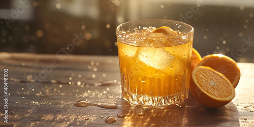 Refreshing Whiskey with Ice Cubes in Glass