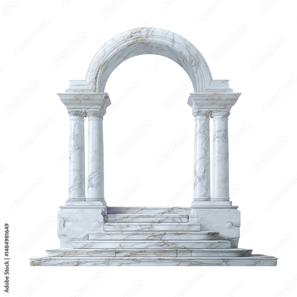 Fototapeta premium Realistic arch with white marble columns and steps, isolated on transparent background 
