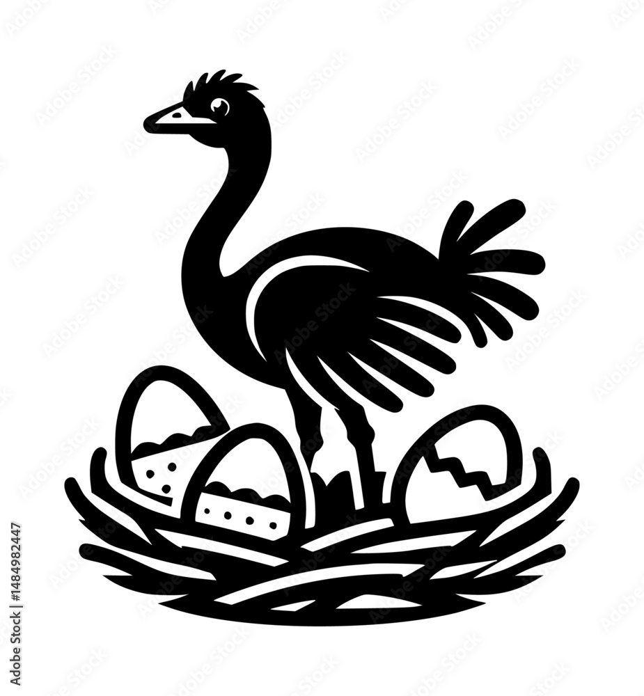 Fototapeta premium Minimalist Ostrich and Eggs Nest Vector Logo