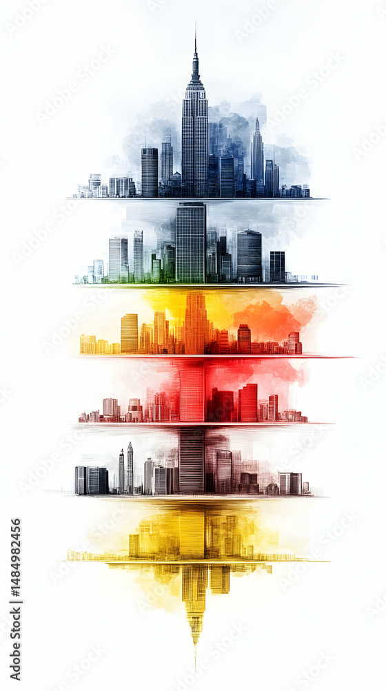 Obraz premium Seven stylized cityscape skylines layered vertically, each in a distinct color palette, creating a vibrant, almost spectral effect, culminating in a mirrored reflection at the bottom