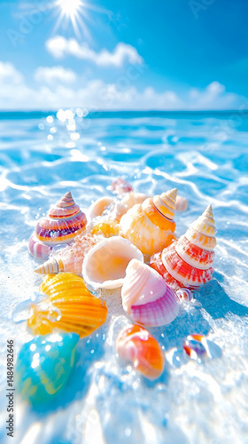 Vibrant seashells of various sizes and colors rest on a pristine beach, partially submerged in gentle, sparkling turquoise water under a bright, sunny sky