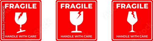 Set of fragile icon set. Fragile package symbol with broken glass icon. Red fragile icon for shipping and packaging. Use on packages, parcels, and boxes.
