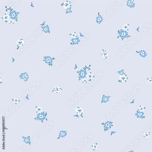 Vector illustration. Seamless pattern of delicate small blue flowers on a light gray background. Ditsy floral blue pattern, field of flowers, print for fabric, textile, wallpaper, baby clothes