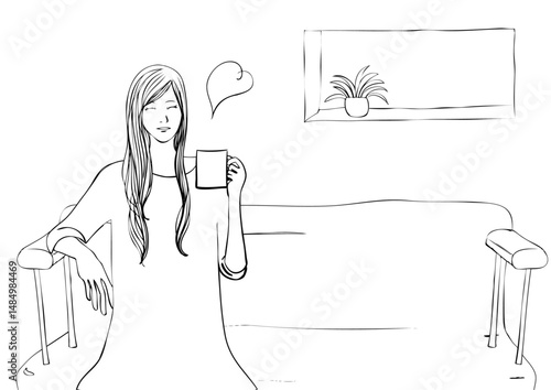 女性 笑顔でソファーに座って飲み物をもってリラックス（手描き黒と白）