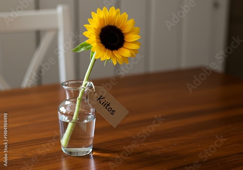 Sunflower in Vase on Table with Kiitos Tag