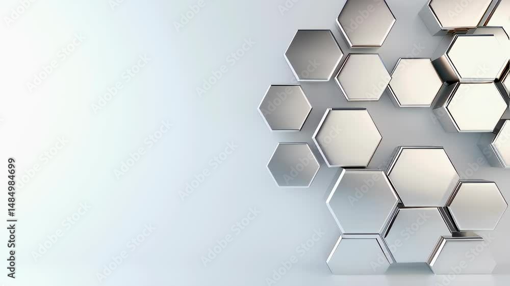 Metallic hexagons creating an abstract pattern on a white background