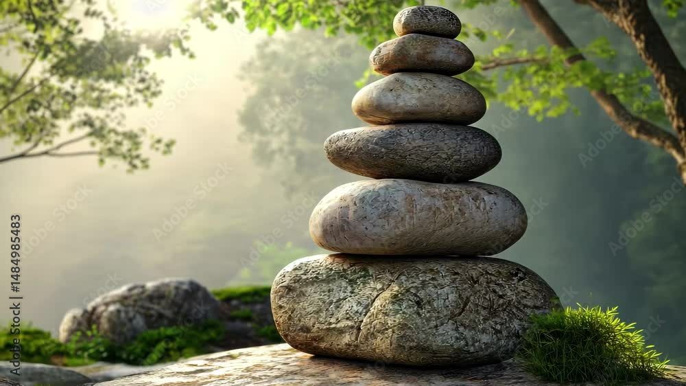 Buddhist stone tower embodies balance and tranquility in a serene natural setting, Buddhist stone tower balance and equilibrium nature scene Seamless Buddhist stone tower embodies balance and tranquility in a serene natural setting, Buddhist stone tower balance and equilibrium nature scene Seamless