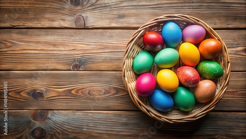 Colorful Easter eggs arranged in a basket on a wooden table, decor, decoration