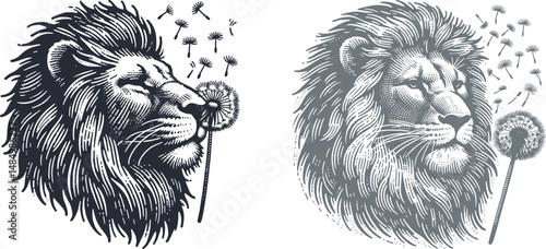 Majestic Lion with Dandelion Fluff on Nose – Detailed Woodcut or Engraving Style Wildlife Design for Prints, Tattoos, Wall Art, and Nature-Inspired Decor