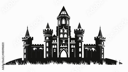 Silhouette of a majestic castle with multiple towers and spires on a grassy hill against white background