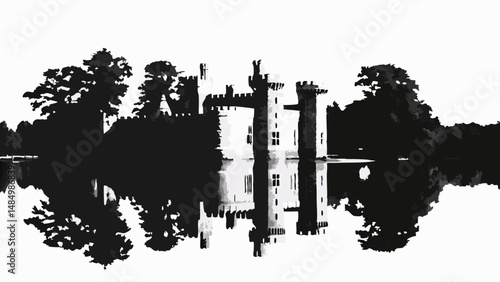 A silhouette of a castle with towers and trees reflected in the water on a bright white background.