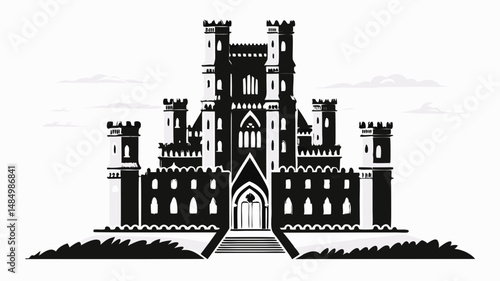 Illustration of a grand black and white castle with towers and intricate architectural details on a hill