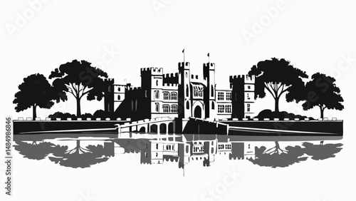 Black and white drawing of a castle with trees reflected in the water below in a detailed illustration