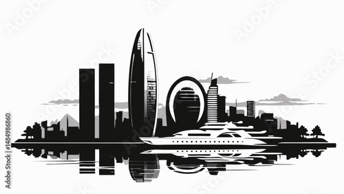 Silhouette of a cityscape with modern buildings and a yacht reflected in the water in black and white style