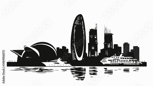 Silhouette of a city skyline with prominent buildings and boats reflected in the water surface view