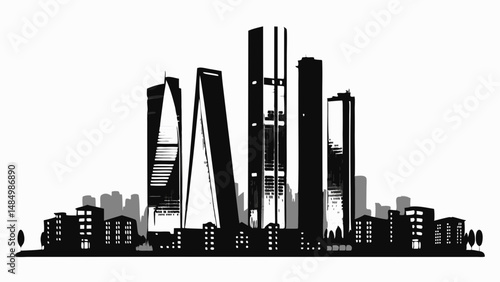 Silhouette of a city skyline with tall buildings and skyscrapers in black and white monochrome style view
