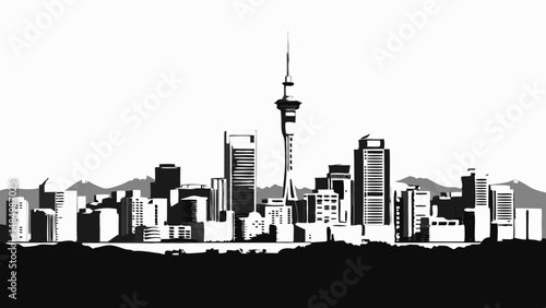 Auckland cityscape silhouette with the sky tower and buildings against a white background in grayscale art