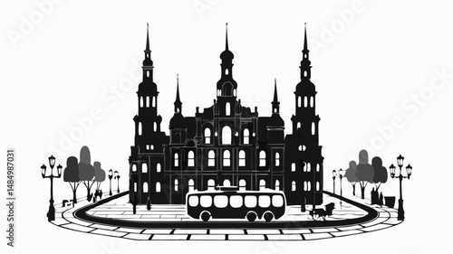 Silhouette of a city skyline with a bus and horse carriage on a circular road with trees and lamps
