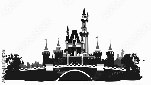 Silhouette of a fairytale castle with towers and a bridge in a monochromatic illustration style image