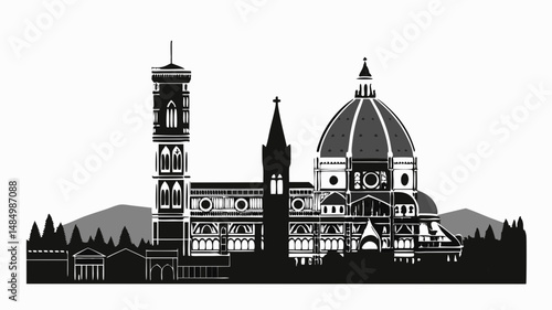 A grayscale silhouette of florence italy skyline with the duomo and giotto s campanile prominent in the image