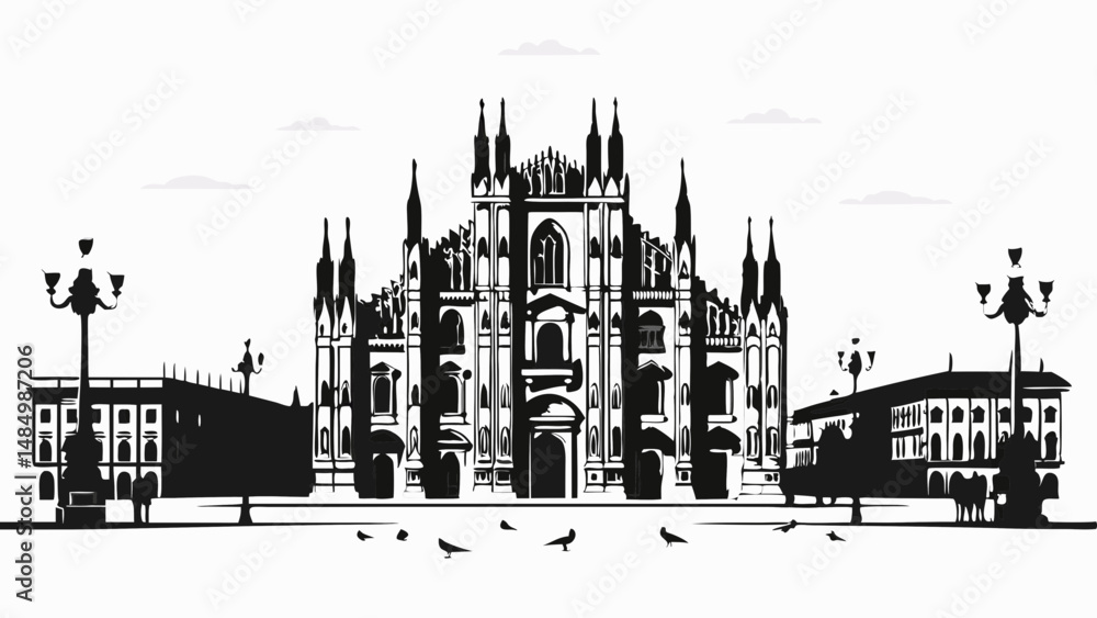 Obraz premium Silhouette of milan cathedral with surrounding buildings and birds in a black and white illustration
