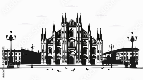 Silhouette of milan cathedral with surrounding buildings and birds in a black and white illustration