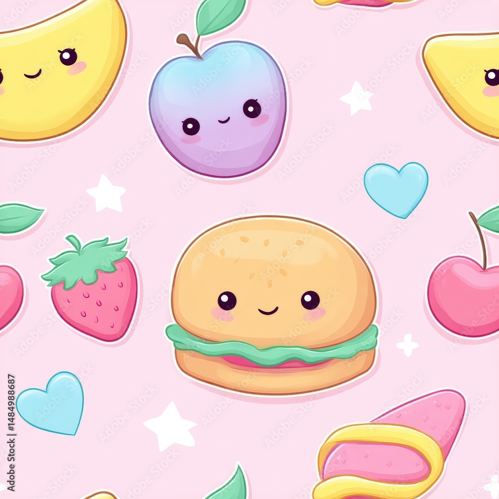 Seamless repeat pattern featuring hand-painted cute food mascot in chibi style, with cute food ingredients, baby pink and lilac, isolated on white background, pastel garden vibe, vibrant design Seamless repeat pattern featuring hand-painted cute food mascot in chibi style, with cute food ingredients, baby pink and lilac, isolated on white background, pastel garden vibe, vibrant design