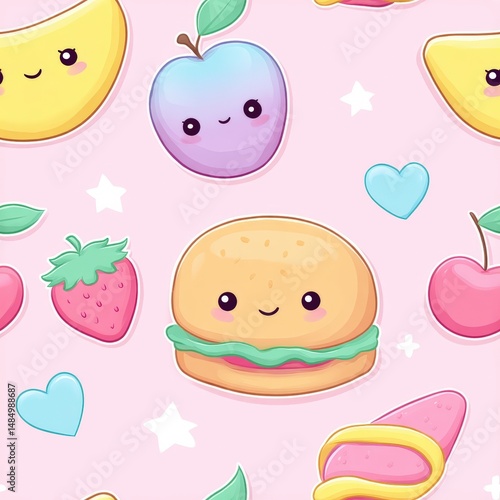 Seamless repeat pattern featuring hand-painted cute food mascot in chibi style, with cute food ingredients, baby pink and lilac, isolated on white background, pastel garden vibe, vibrant design