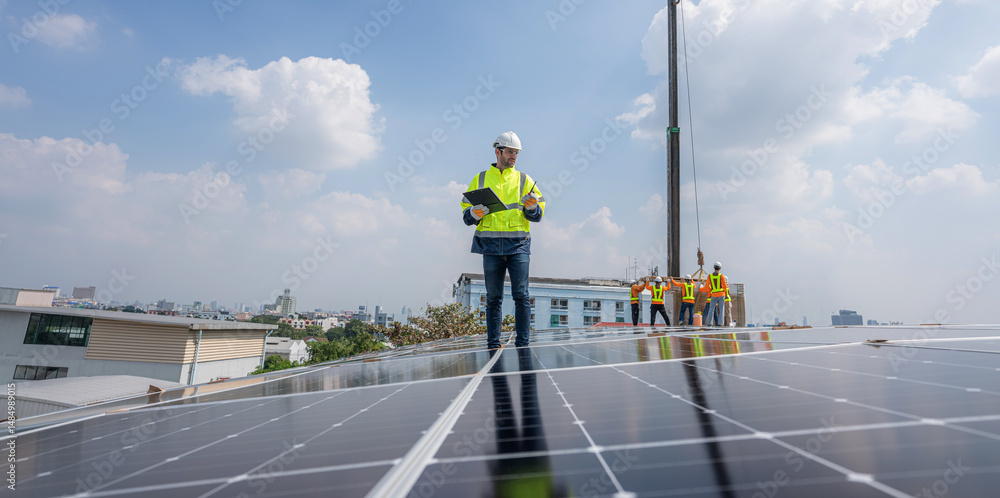 custom made wallpaper toronto digitalEngineer service check installation solar cell on the roof of factory. Silhouette technician inspection and repair solar cell on the roof of factory. Technology solar energy renewable.