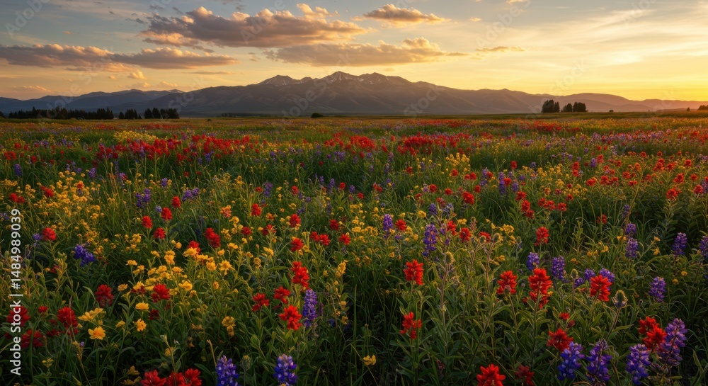Wildflower meadow at sunset representing natural beauty and serenity, with mountains in background Wildflower meadow at sunset representing natural beauty and serenity, with mountains in background