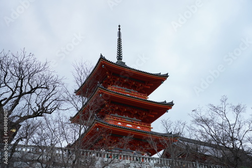 photo of Kiyomizu-dera Temple 3 Story Tower in kyoto Japan. red temple, famous tourist spot for traveling. japanese culture and architecture, pagoda