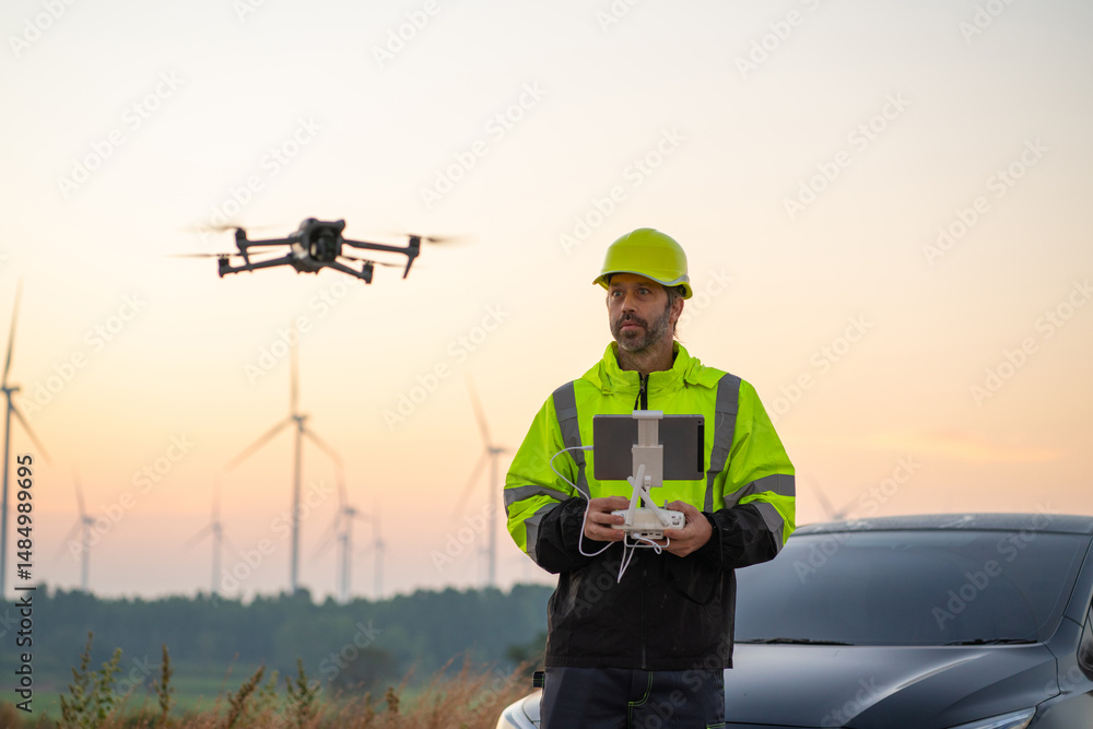 custom made wallpaper toronto digitalEngineer Specialists Pilot Drone on Construction Site. Architectural Engineer and Safety Engineering Inspector Fly Drone at industrial plant.