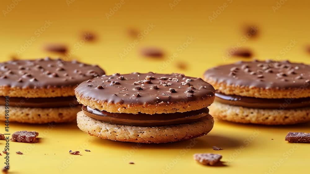 Three chocolate sandwich cookies are displayed against a vibrant yellow background. Each cookie features a rich filling and a textured top, inviting indulgence and satisfying cravings. Three chocolate sandwich cookies are displayed against a vibrant yellow background. Each cookie features a rich filling and a textured top, inviting indulgence and satisfying cravings.