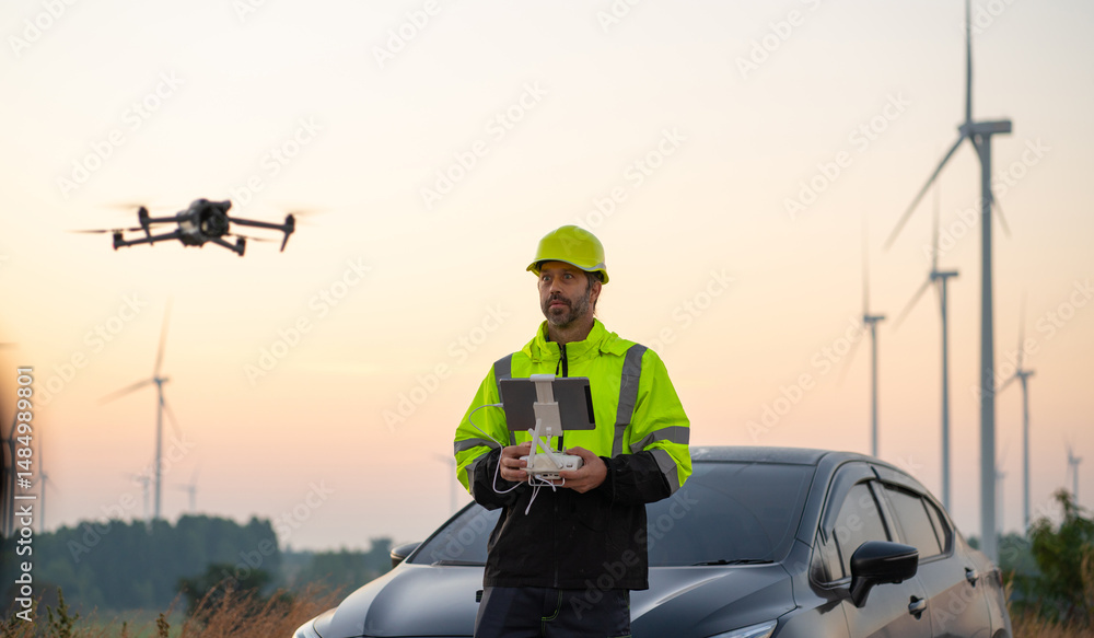 custom made wallpaper toronto digitalEngineer Specialists Pilot Drone on Construction Site. Architectural Engineer and Safety Engineering Inspector Fly Drone at industrial plant.