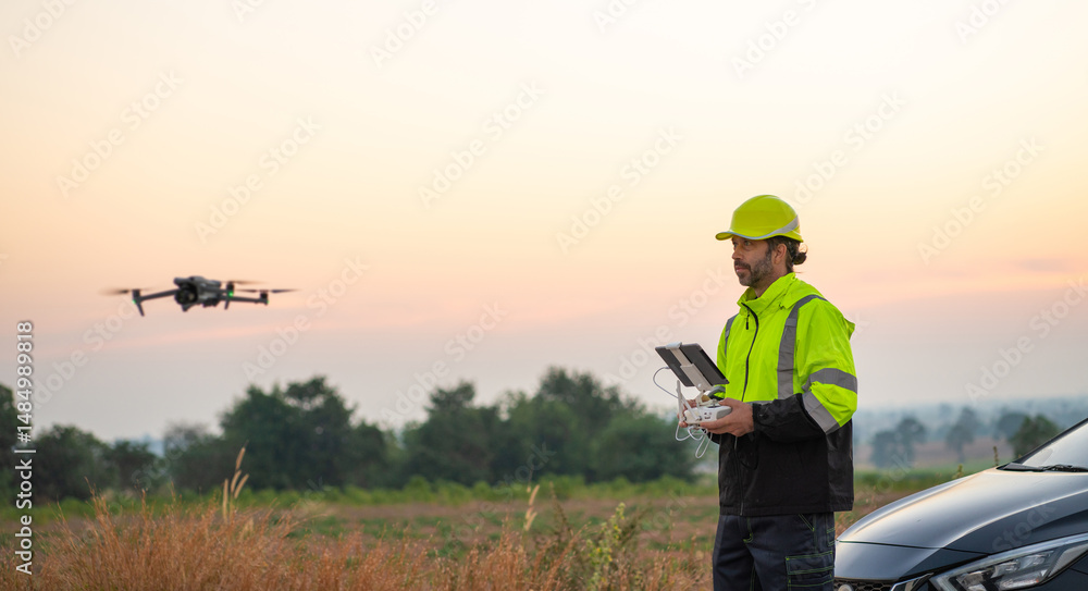 custom made wallpaper toronto digitalEngineer Specialists Pilot Drone on Construction Site. Architectural Engineer and Safety Engineering Inspector Fly Drone at industrial plant.