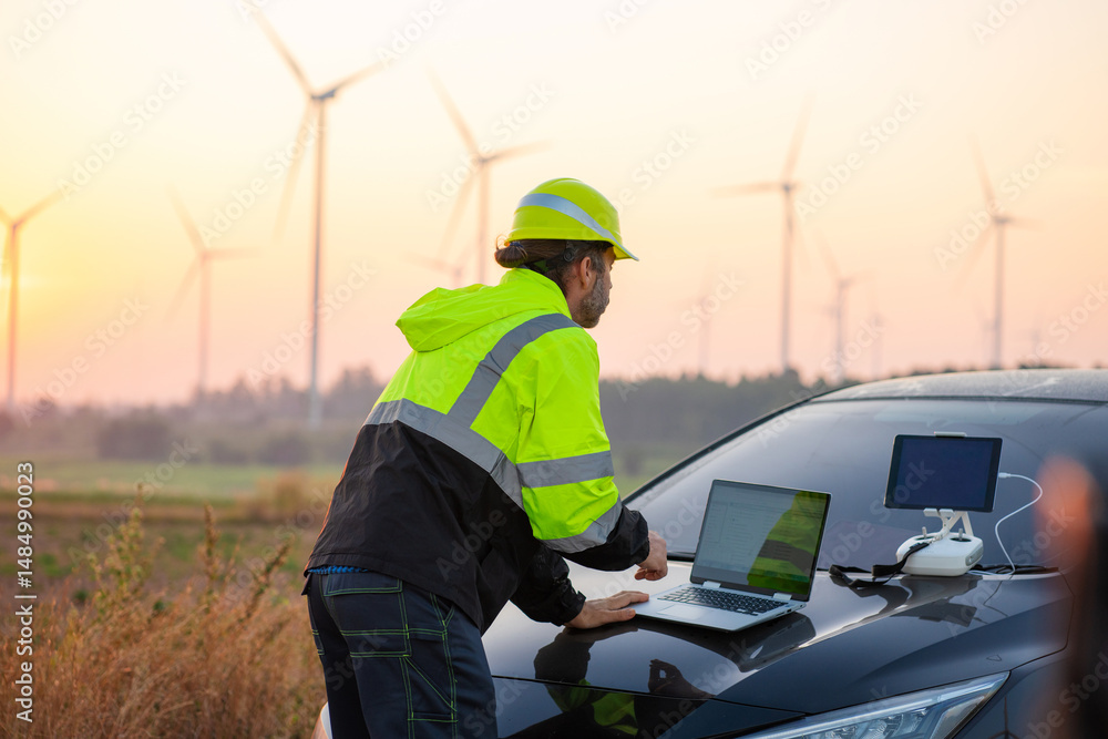 custom made wallpaper toronto digitalEngineer wearing uniform inspection and survey work in wind turbine farms rotation to generate electricity energy. Maintenance engineer working in wind turbine farm at sunset.