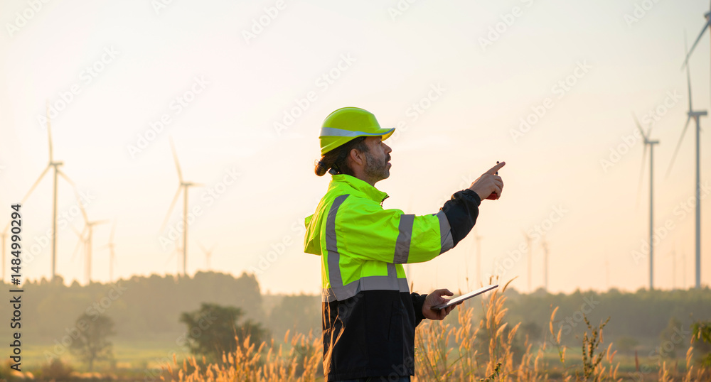 custom made wallpaper toronto digitalEngineer wearing uniform inspection and survey work in wind turbine farms rotation to generate electricity energy. Maintenance engineer working in wind turbine farm at sunset.