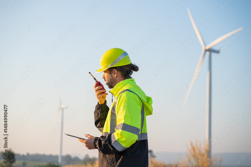 custom made wallpaper toronto digitalEngineer wearing uniform inspection and survey work in wind turbine farms rotation to generate electricity energy. Maintenance engineer working in wind turbine farm at sunset.