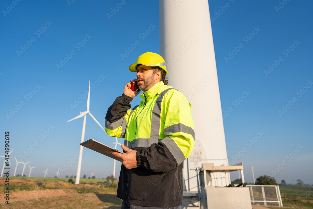 custom made wallpaper toronto digitalEngineer wearing uniform inspection and survey work in wind turbine farms rotation to generate electricity energy. Maintenance engineer working in wind turbine farm at sunset.