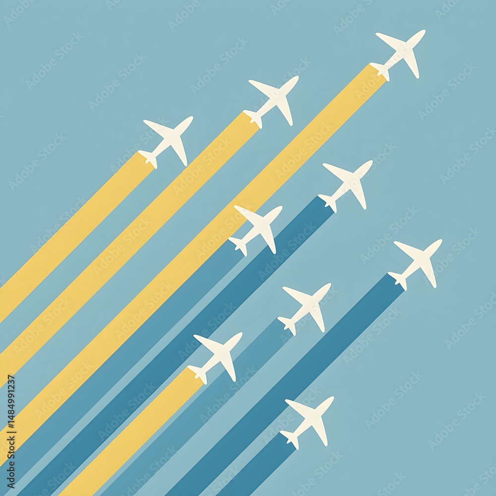 Fototapeta premium Airplanes flying across the sky with colorful trails creating a visually striking pattern during daylight hours