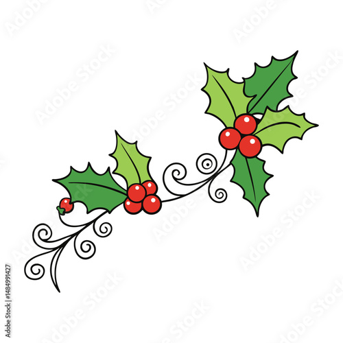 A festive decorative corner featuring vibrant Christmas holly leaves and bright red berries, perfect for adding holiday cheer to cards, invitations, and seasonal designs.
