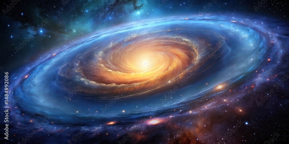Fototapeta premium Swirling spiral galaxy with a luminous central core and an expansive nebula , Expanding Nebula, Nebula Expansion