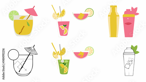 Illustration showing a variety of summer cocktails and cocktail shakers with different garnishes and colors