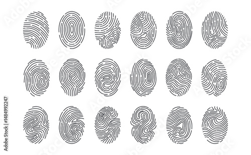 Set of fingerprints isolated on white. Authentication concept. Personal id identity. Unique touch id. Vector hand drawn cliparts.