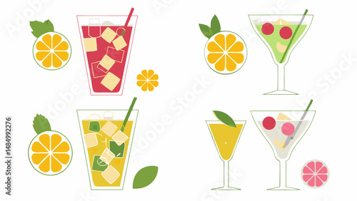 Illustration of assorted colorful cocktails with ice cubes and fruit slices on a white background surface