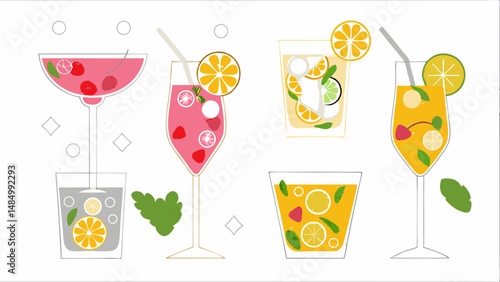 Illustration of various fruit cocktails in glasses with straws and fruit slices scattered around them